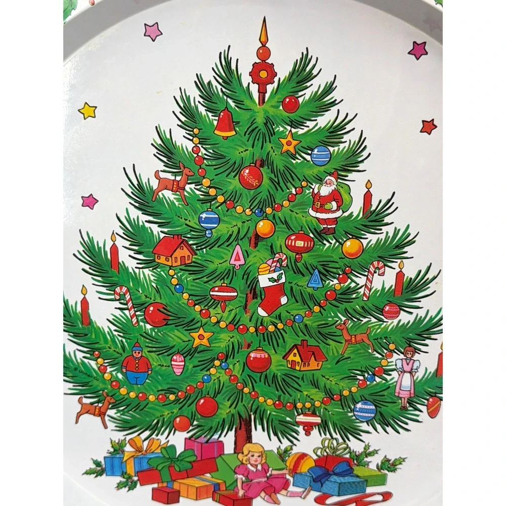 Vintage Ullman Co Christmas Tree Round Tin Serving Tray 13 Inch Holiday Decor